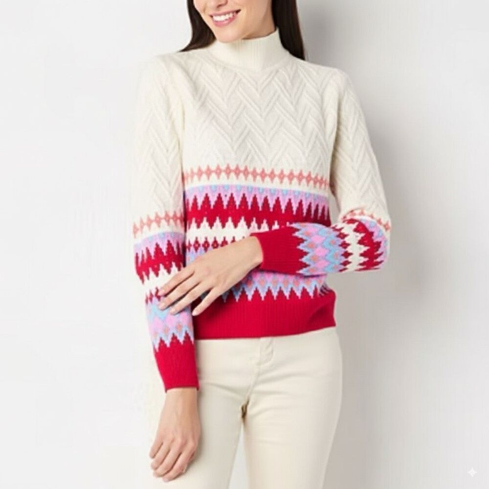 NWT ST. JOHN'S BAY Sweater Women’s XL Multicolor Fair Isle‎ Cable Knit Pullover